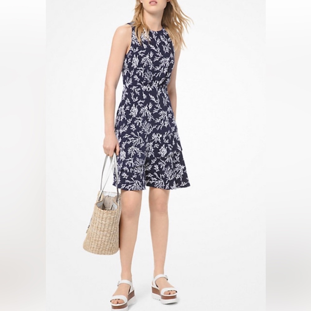 Michael Kors sleeveless dress women’s size S navy coral print ruffle